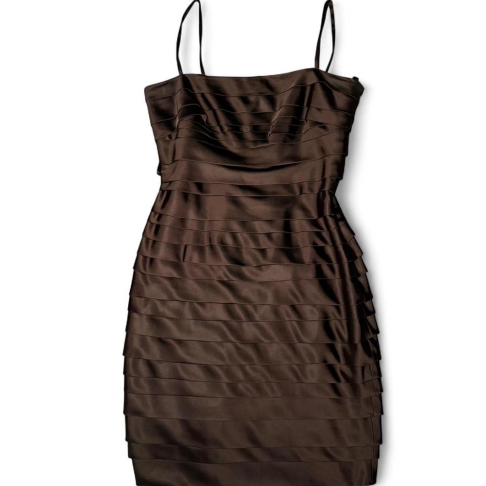 Calvin Klein Tiered Satin Mini Dress Brown 8 Cocktail Party Minimalist - Picture 2 of 9